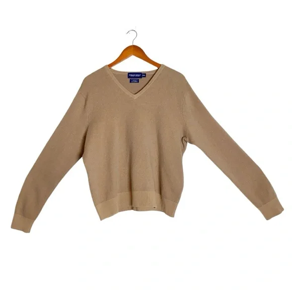 VTG Polo Golf Ralph Lauren Tan Wool Silk Cashmere Knit Blend V